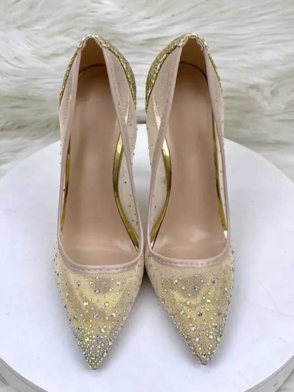 Chaussures de soirée à talons hauts en maille strass bout pointu chaussures de mariage à talons aiguilles