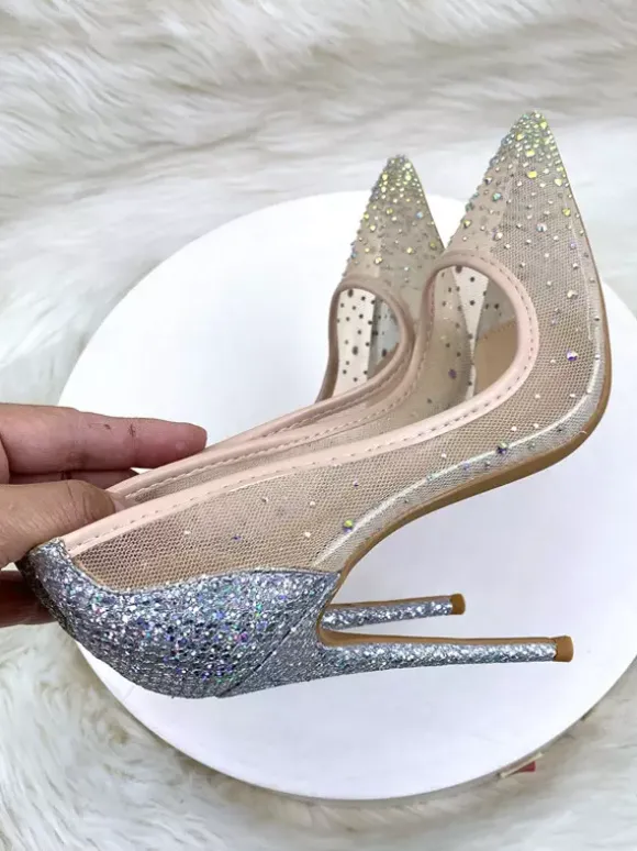 Chaussures de soirée à talons hauts en maille strass bout pointu chaussures de mariage à talons aiguilles