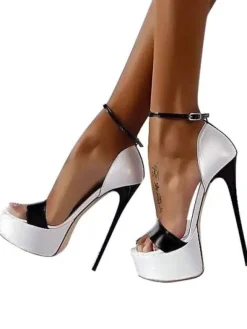 Chaussures Femmes 2026 Blanc Sexy Bout Ouvert Plateforme Talon Haut Sangle de Cheville Sandales Talon Haut