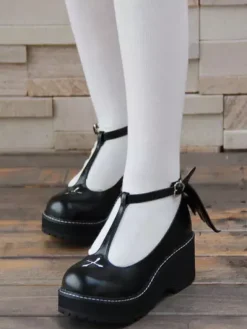 Chaussures Gothique Lolita croisent plate-forme Wedge T-strap Lolita Shoes avec aile mal Déguisements Halloween