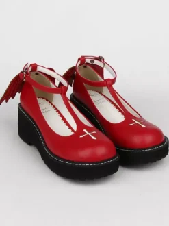 Chaussures Gothique Lolita croisent plate-forme Wedge T-strap Lolita Shoes avec aile mal Déguisements Halloween