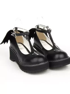 Chaussures Gothique Lolita croisent plate-forme Wedge T-strap Lolita Shoes avec aile mal Déguisements Halloween