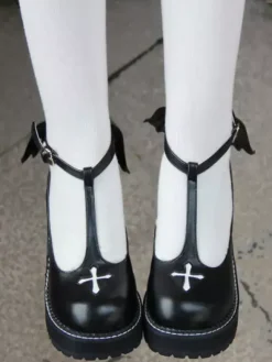 Chaussures Gothique Lolita croisent plate-forme Wedge T-strap Lolita Shoes avec aile mal Déguisements Halloween