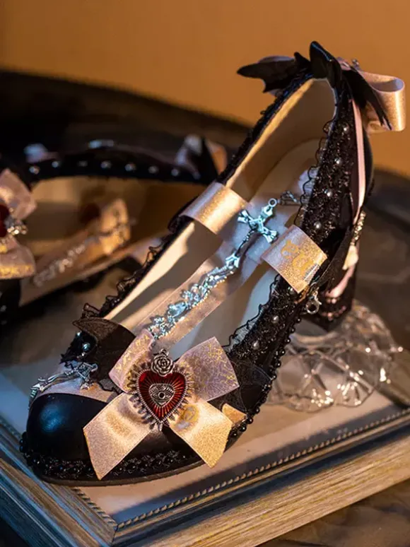 Chaussures gothiques Lolita avec n艙uds violets et chaînes en dentelle escarpins Lolita en cuir PU à bout pointu