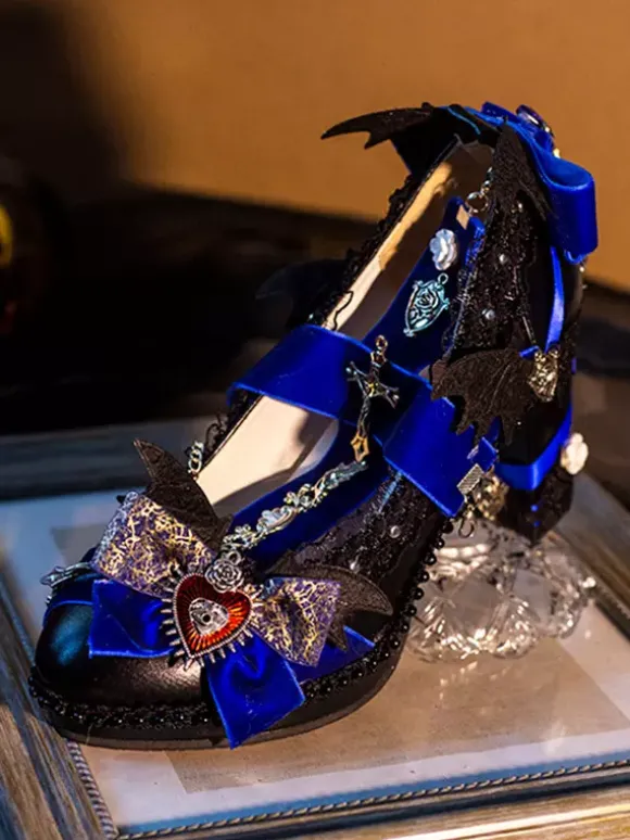Chaussures gothiques Lolita avec n艙uds violets et chaînes en dentelle escarpins Lolita en cuir PU à bout pointu