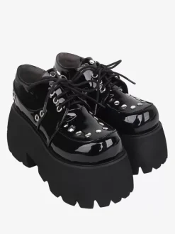 Chaussures gothiques Lolita avec rivets métalliques noirs chaussures Lolita en cuir PU à bout rond