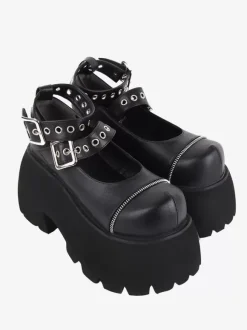 Chaussures gothiques Lolita avec 艙illets métalliques noirs bout rond chaussures Lolita en cuir PU