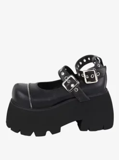 Chaussures gothiques Lolita avec 艙illets métalliques noirs bout rond chaussures Lolita en cuir PU