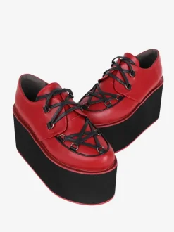 Chaussures gothiques Lolita bordeaux à lacets  escarpins Lolita en cuir PU à bout rond