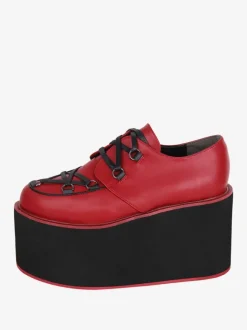 Chaussures gothiques Lolita bordeaux à lacets  escarpins Lolita en cuir PU à bout rond