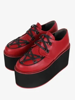 Chaussures gothiques Lolita bordeaux à lacets escarpins Lolita en cuir PU à bout rond