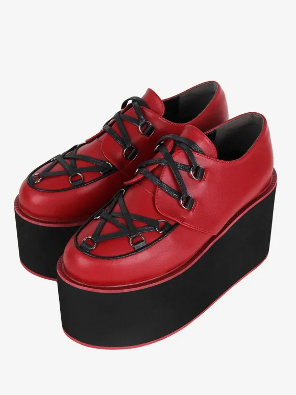 Chaussures gothiques Lolita bordeaux à lacets escarpins Lolita en cuir PU à bout rond