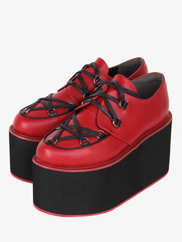 Chaussures gothiques Lolita bordeaux à lacets escarpins Lolita en cuir PU à bout rond