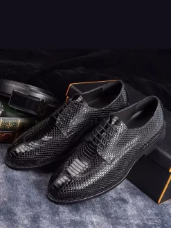 Chaussures habillées derbies pour hommes en cuir véritable gaufré python chaussures d'affaires formelles