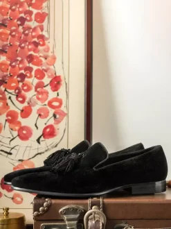 Chaussures habillées en velours pour hommes bout rond à enfiler chaussures de bal formelles avec pompons