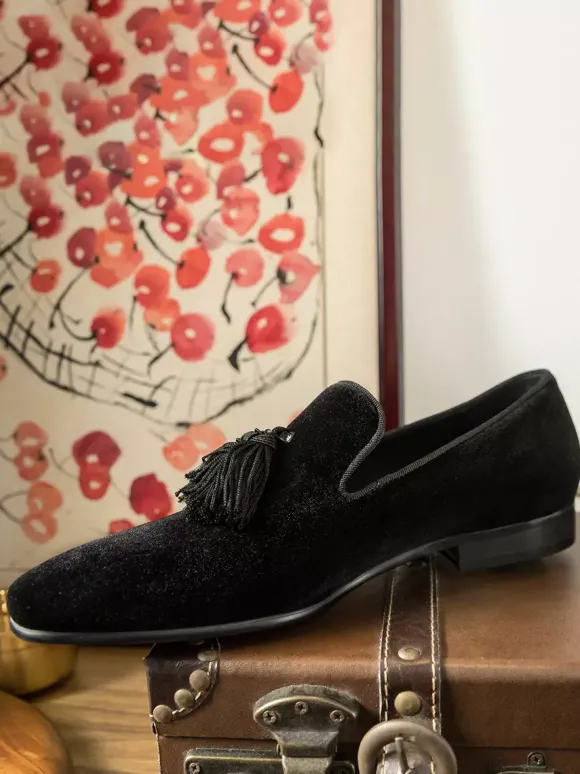 Chaussures habillées en velours pour hommes bout rond à enfiler chaussures de bal formelles avec pompons