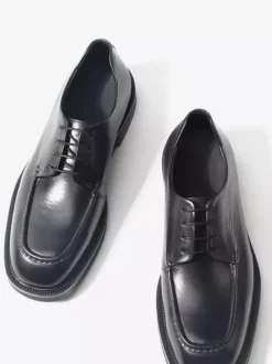 Chaussures habillées noires à bout rond et lacets en cuir véritable pour hommes