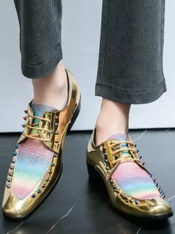 Chaussures habillées pour hommes patchwork bout rond clous décoratifs derbies basses antidérapantes chaussures de bal