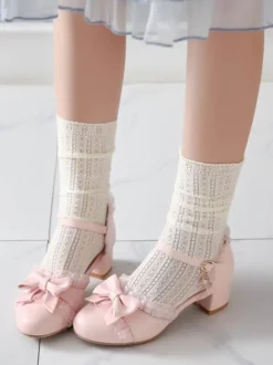 Chaussures Lolita douces arcs en cuir Synthétique talon épais Lolita pompes