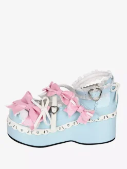 Chaussures Lolita douces bleu ciel clair à bout rond et n艙ud papillon en cuir PU chaussures tendance Kawaii