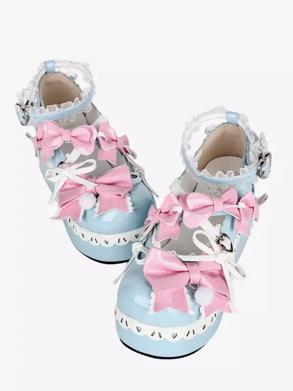 Chaussures Lolita douces bleu ciel clair à bout rond et n艙ud papillon en cuir PU chaussures tendance Kawaii