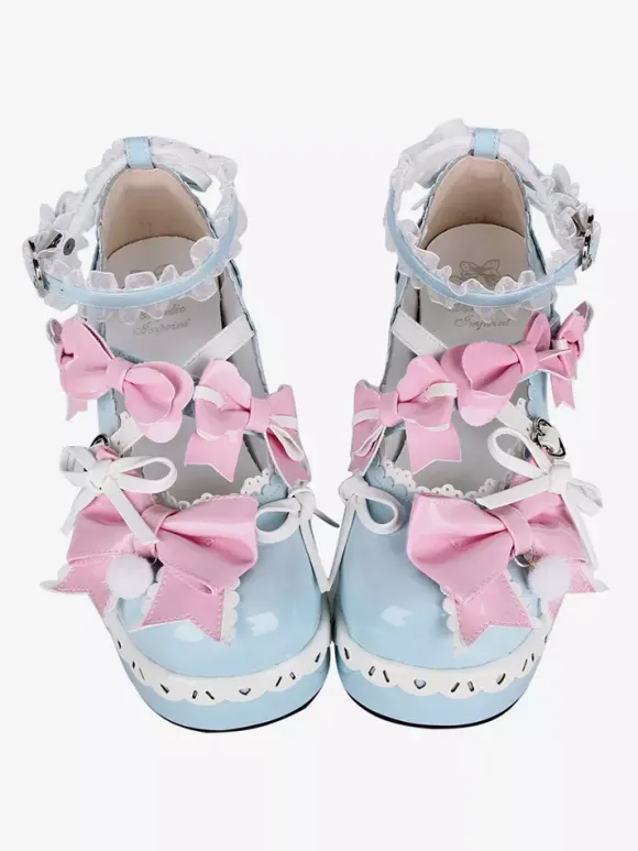 Chaussures Lolita douces bleu ciel clair à bout rond et n艙ud papillon en cuir PU chaussures tendance Kawaii