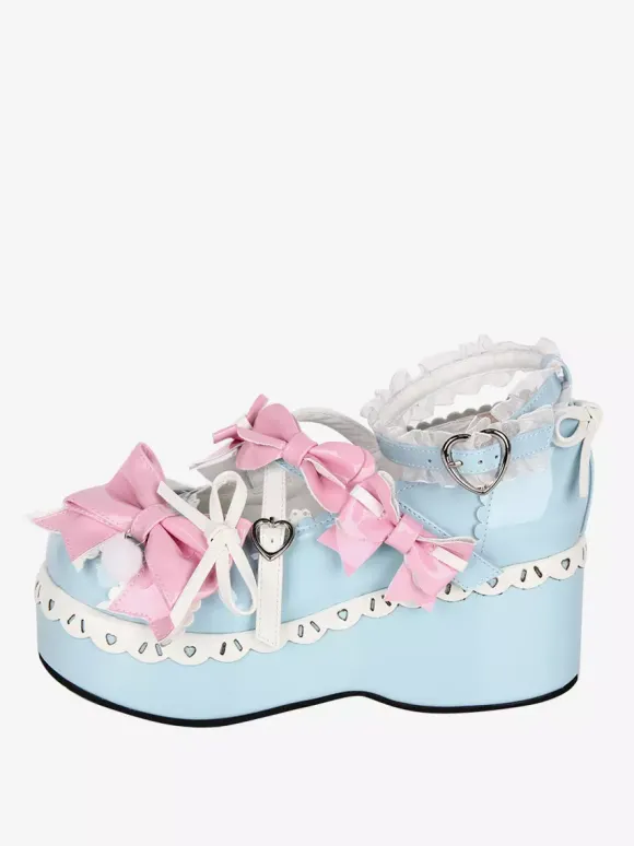 Chaussures Lolita douces bleu ciel clair à bout rond et n艙ud papillon en cuir PU chaussures tendance Kawaii