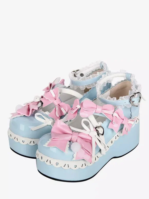 Chaussures Lolita douces bleu ciel clair à bout rond et n艙ud papillon en cuir PU chaussures tendance Kawaii