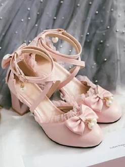 Chaussures Lolita douces à lacets en dentelle avec lacets et chaussures à talons hauts Déguisements Halloween