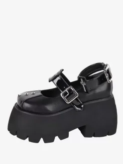 Chaussures Lolita Gothiques Escarpins Lolita à Talons Compensés en Cuir PU Métallisé à Rivets Noirs