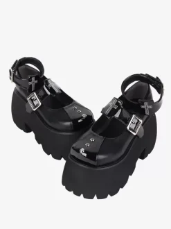 Chaussures Lolita Gothiques Escarpins Lolita à Talons Compensés en Cuir PU Métallisé à Rivets Noirs
