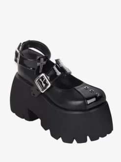 Chaussures Lolita Gothiques Escarpins Lolita à Talons Compensés en Cuir PU Métallisé à Rivets Noirs