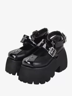 Chaussures Lolita Gothiques Escarpins Lolita à Talons Compensés en Cuir PU Métallisé à Rivets Noirs