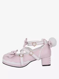 Chaussures Lolita roses à talons épais en cuir avec n艙ud papillon Mary Janes Kawaii Lolita