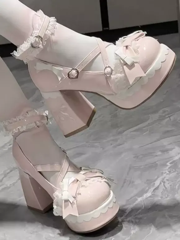 Chaussures Lolita Sweet bleu ciel clair à n艙uds bout rond talon compensé en cuir PU