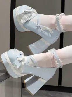 Chaussures Lolita Sweet bleu ciel clair à n艙uds bout rond talon compensé en cuir PU