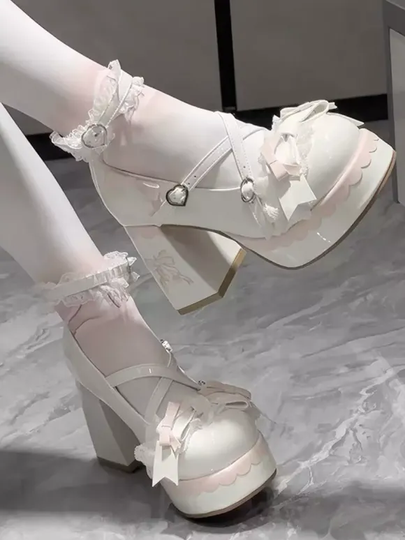 Chaussures Lolita Sweet bleu ciel clair à n艙uds bout rond talon compensé en cuir PU