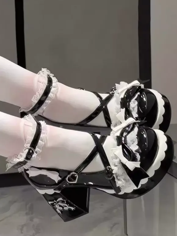 Chaussures Lolita Sweet bleu ciel clair à n艙uds bout rond talon compensé en cuir PU
