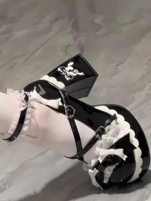 Chaussures Lolita Sweet bleu ciel clair à n艙uds bout rond talon compensé en cuir PU
