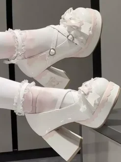 Chaussures Lolita Sweet bleu ciel clair à n艙uds bout rond talon compensé en cuir PU
