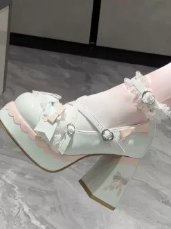 Chaussures Lolita Sweet bleu ciel clair à n艙uds bout rond talon compensé en cuir PU