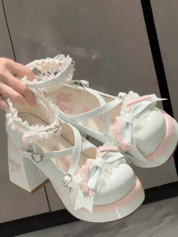 Chaussures Lolita Sweet bleu ciel clair à n艙uds bout rond talon compensé en cuir PU