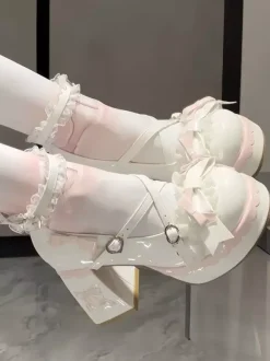 Chaussures Lolita Sweet bleu ciel clair à n艙uds bout rond talon compensé en cuir PU