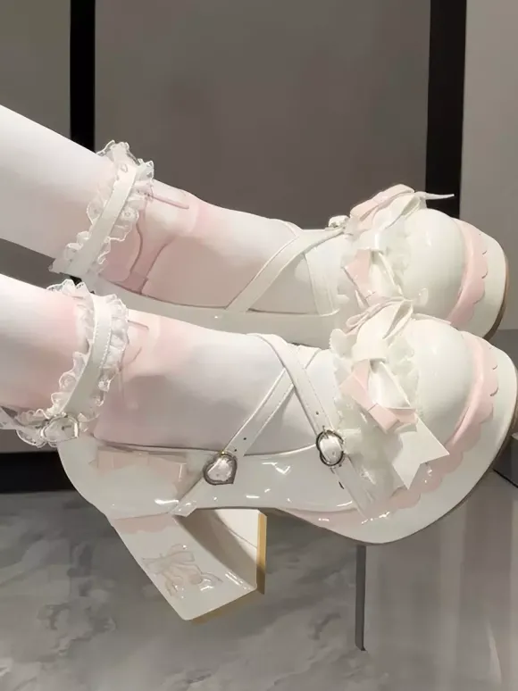 Chaussures Lolita Sweet bleu ciel clair à n艙uds bout rond talon compensé en cuir PU