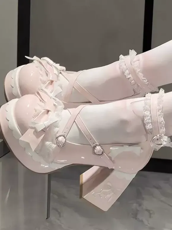 Chaussures Lolita Sweet bleu ciel clair à n艙uds bout rond talon compensé en cuir PU
