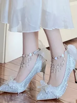 Chaussures Lolita Sweet chaînes bleues n艙uds bout pointu talon aiguille