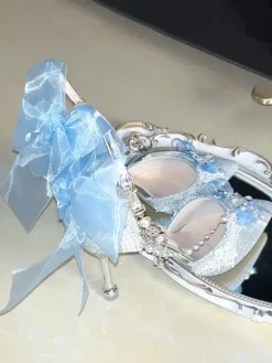 Chaussures Lolita Sweet chaînes bleues n艙uds bout pointu talon aiguille