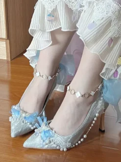 Chaussures Lolita Sweet chaînes bleues n艙uds bout pointu talon aiguille