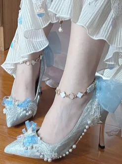 Chaussures Lolita Sweet chaînes bleues n艙uds bout pointu talon aiguille