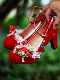 Chaussures Lolita Sweet Chaussures Lolita à talons épais en dentelle et perles rouges